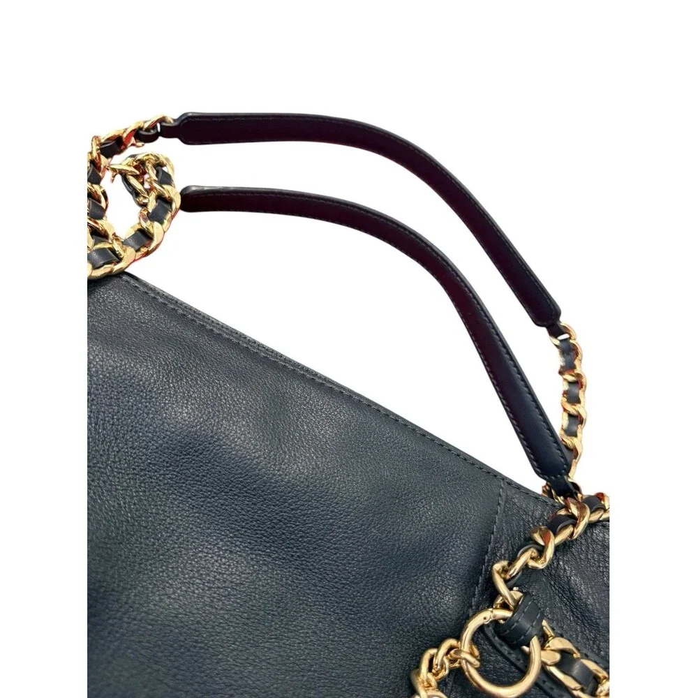 Michael Kors Navy Blue Pebbled Leather Chain Shoulder Tote Gold Lock Charm Bag